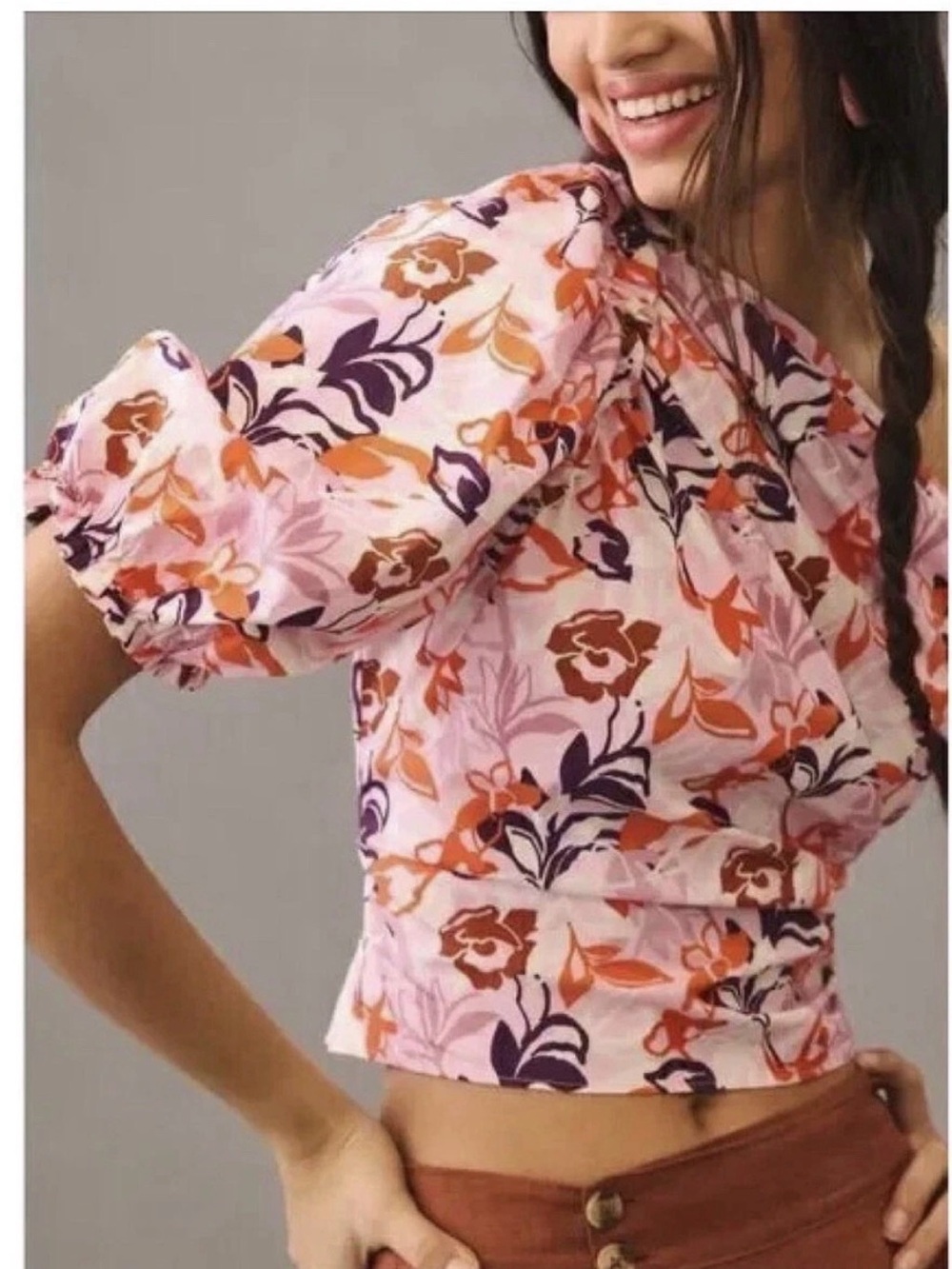 Maeve Pink Floral Puff-Sleeve Wrap Crop Top